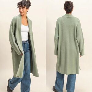 NEW Double Zero Sage Green Longline Duster Cardigan Open Front Sweater Large